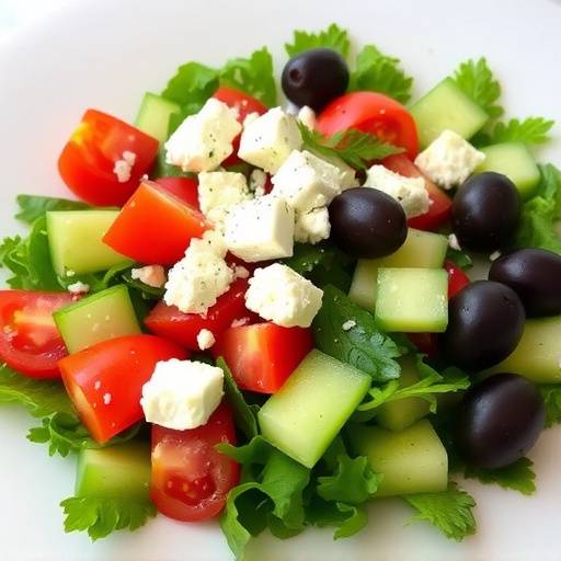 Ensalada griega fresca con tomates, pepinos, aceitunas y queso feta.