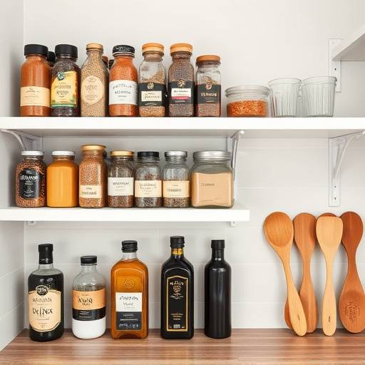 Estantes de cocina bien organizados con especias, aceite de oliva y utensilios de madera.