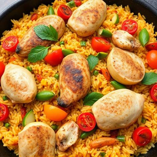 Paella valenciana con arroz, pollo, conejo y verduras frescas