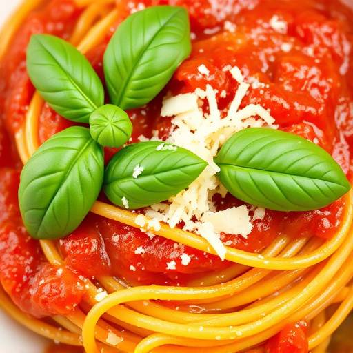 Pasta italiana con salsa de tomate, albahaca fresca y queso parmesano rallado.