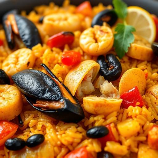 Primer plano de un plato de paella valenciana con mariscos y arroz