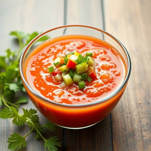 Un refrescante cuenco de gazpacho andaluz con guarnici&oacute;n de verduras picadas