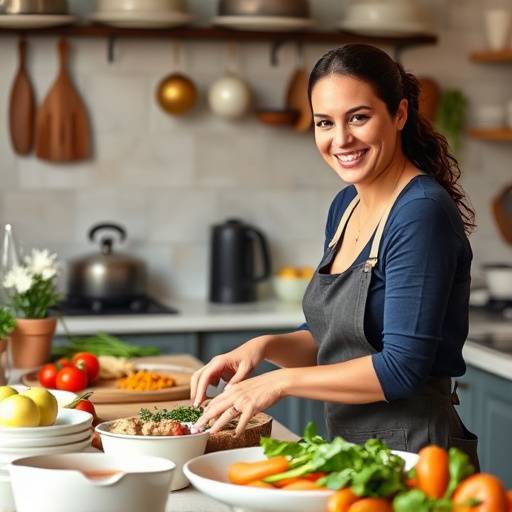 Una mujer sonriente preparando comida en una cocina mediterr&aacute;nea organizada.